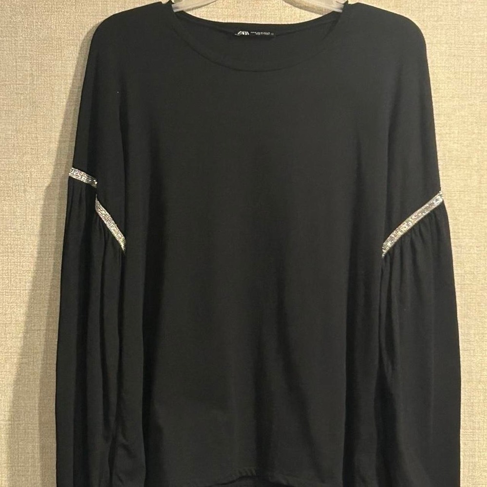 Zara Black Sparkle Sleeve Trim, Glam, Elegant, Minimal, Chic, Dressy Top . XL